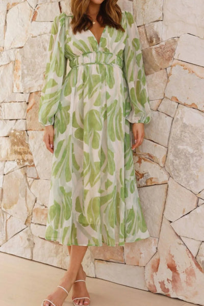 Printed V-Neck Long Sleeve Midi Dress
