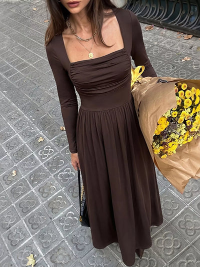 Ruched Square Neck Long Sleeve Maxi Dress