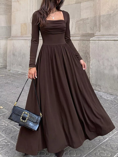 Ruched Square Neck Long Sleeve Maxi Dress