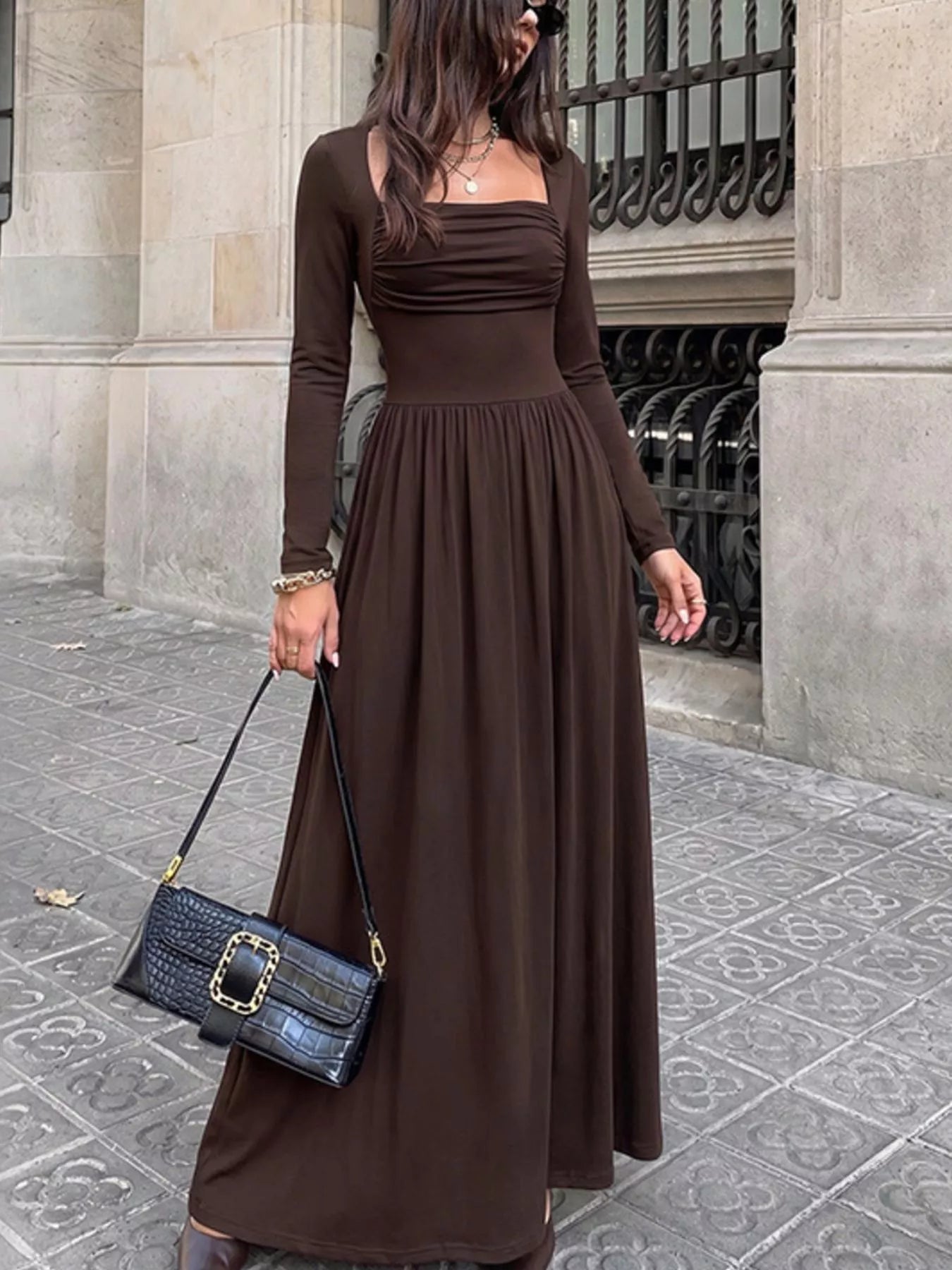 Ruched Square Neck Long Sleeve Maxi Dress