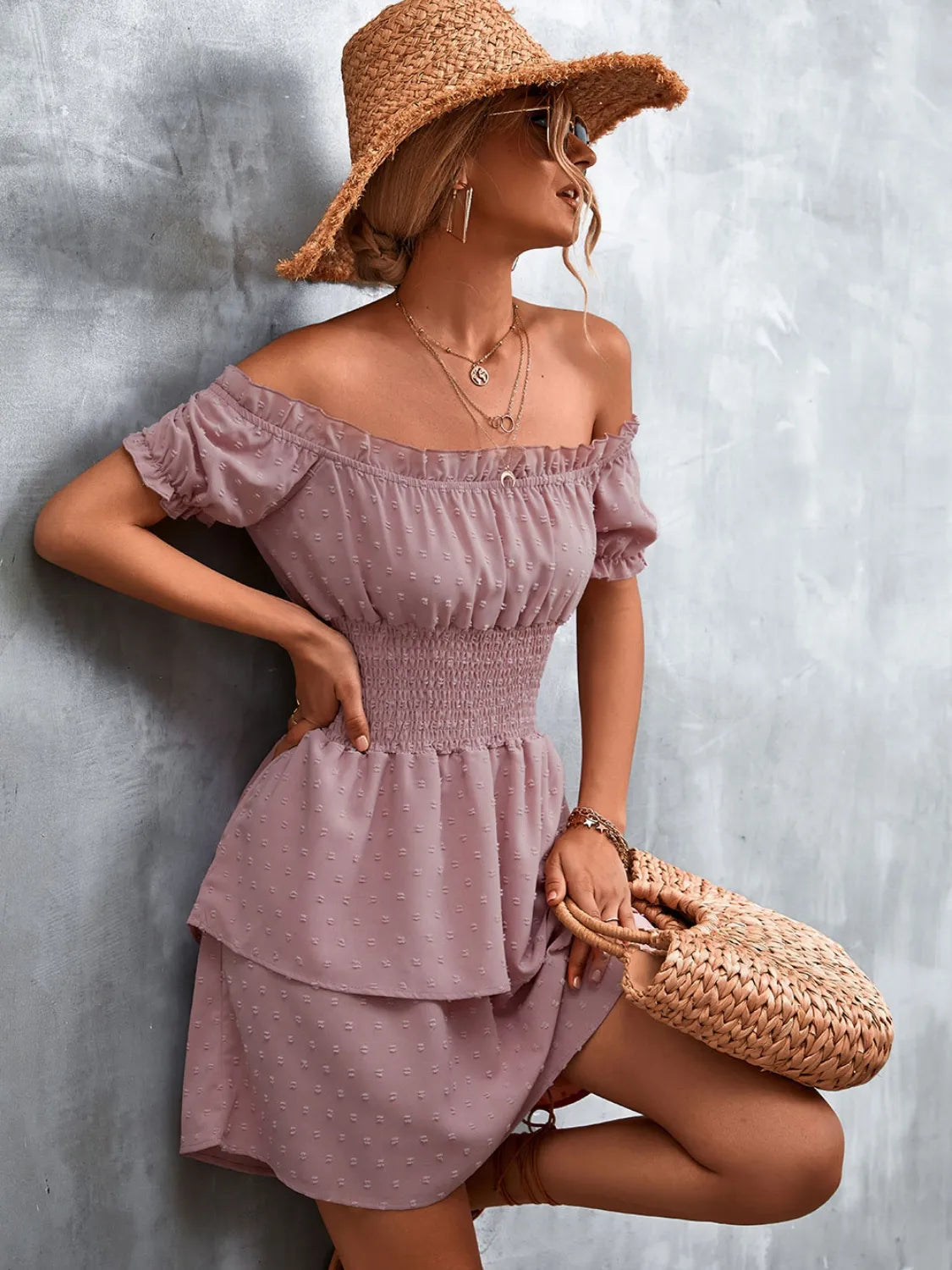 Ruffled Swiss Dot Off-Shoulder Dress