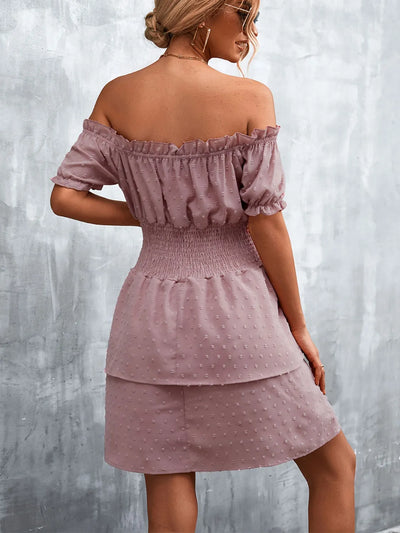 Ruffled Swiss Dot Off-Shoulder Dress