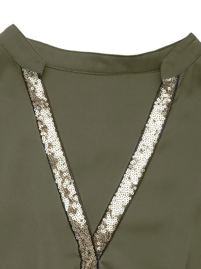 Sequin Notched Short Sleeve Midi Dress
