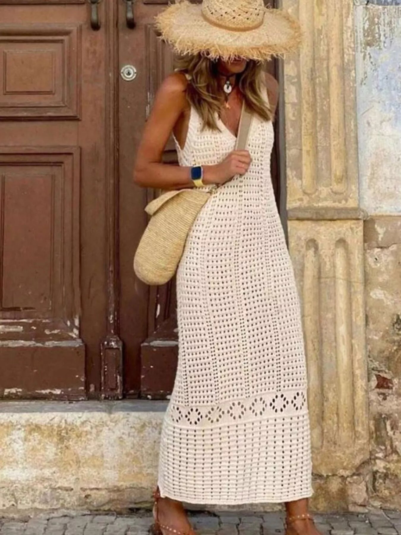 Sleeveless Crochet Knit Cover Up Maxi Dress