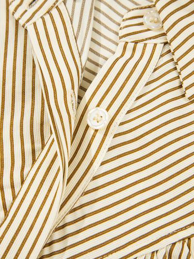 Stripe Collared Neck Cuffed Long Sleeve Drop Waist Mini