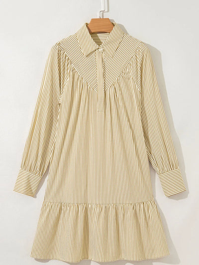 Stripe Collared Neck Cuffed Long Sleeve Drop Waist Mini