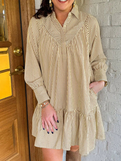 Stripe Collared Neck Cuffed Long Sleeve Drop Waist Mini