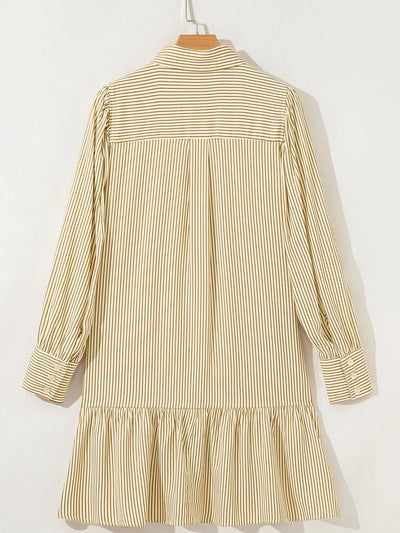 Stripe Collared Neck Cuffed Long Sleeve Drop Waist Mini