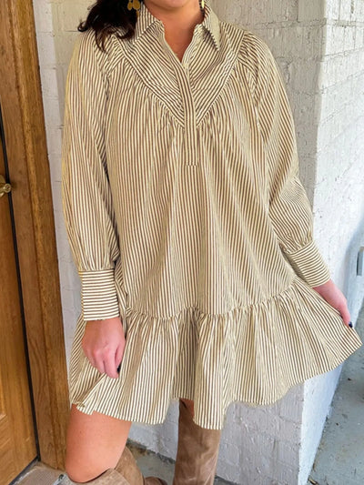 Stripe Collared Neck Cuffed Long Sleeve Drop Waist Mini