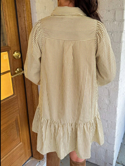 Stripe Collared Neck Cuffed Long Sleeve Drop Waist Mini