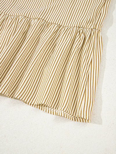 Stripe Collared Neck Cuffed Long Sleeve Drop Waist Mini