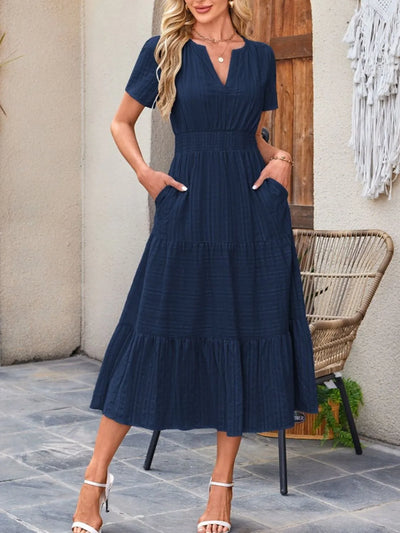 Tiered Notched Short Sleeve Dress