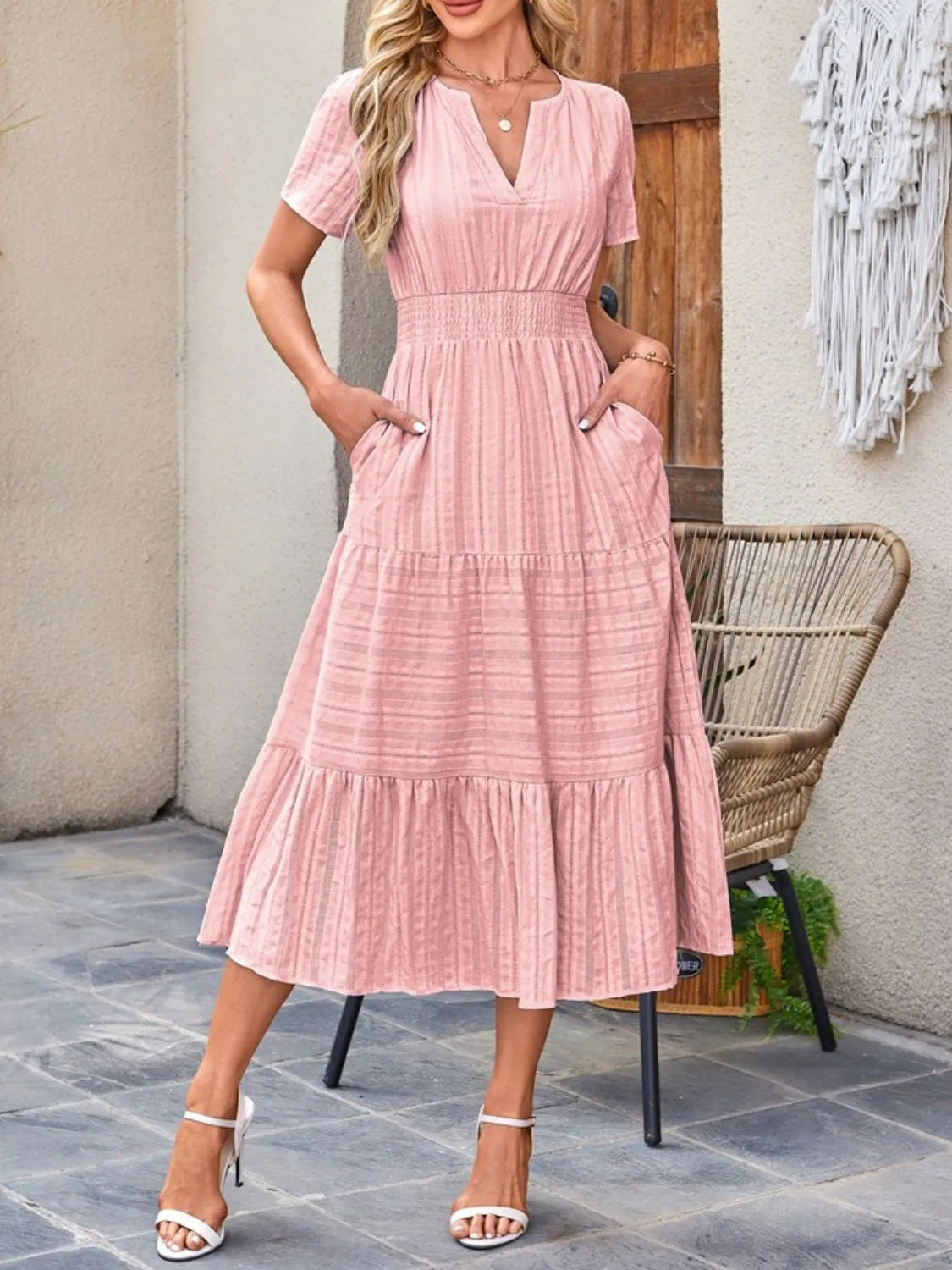 Tiered Notched Short Sleeve Dress