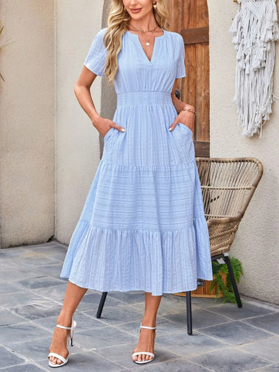Tiered Notched Short Sleeve Dress