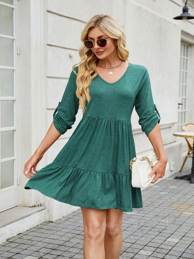 Tiered Ruched V-Neck Mini Dress