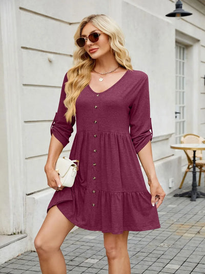 Tiered Ruched V-Neck Mini Dress