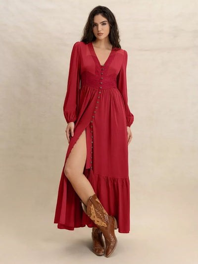 V-Neck Balloon Sleeve Ruffled Hem Maxi Dress