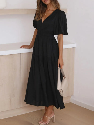 V-Neck Puff Sleeve Midi Dress