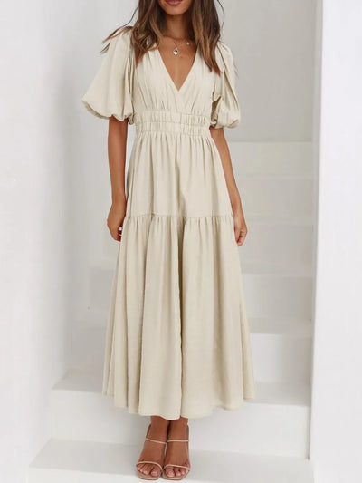 V-Neck Puff Sleeve Midi Dress