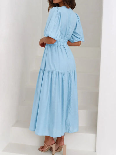 V-Neck Puff Sleeve Midi Dress