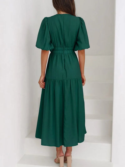V-Neck Puff Sleeve Midi Dress