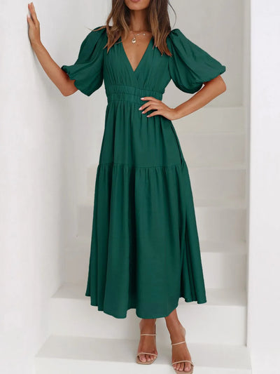 V-Neck Puff Sleeve Midi Dress
