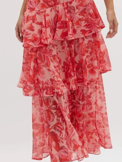 V-Neck Sleeveless Floral Print Layered Ruffle Maxi Dress