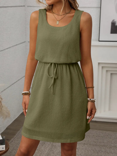Waffle-Knit Drawstring Mini Tank Dress