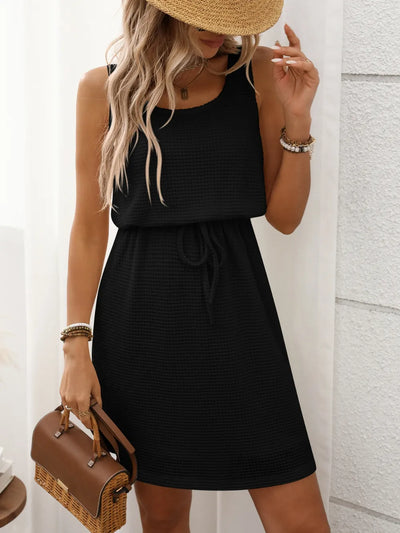 Waffle-Knit Drawstring Mini Tank Dress